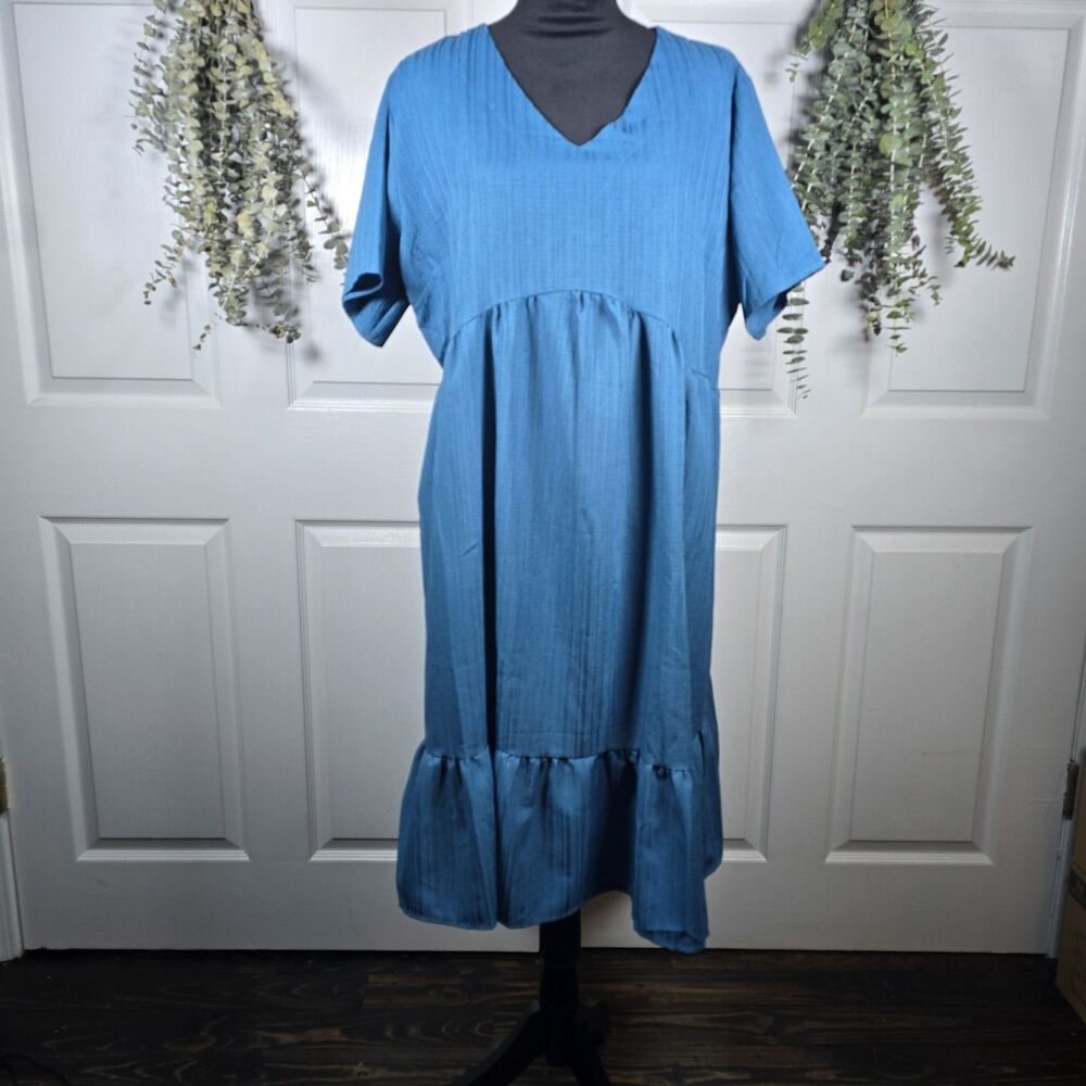 Womens Blue Short Sleeve V-Neck Tiered Midi Shift Dress XL